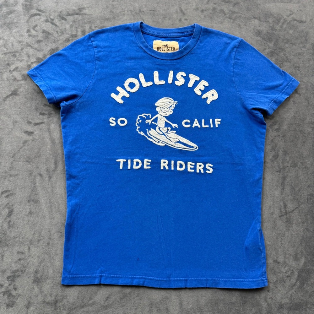 Hollister Mens Blue Tide Riders Surf Graphic T-Shirt Large Chenille Applique